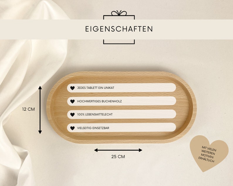 May include: A wooden serving tray with four white labels that say "Each tablet is unique", "High-quality beech wood", "100% food safe", and "Versatile use". The tray is 12 inches long and 25 inches wide.