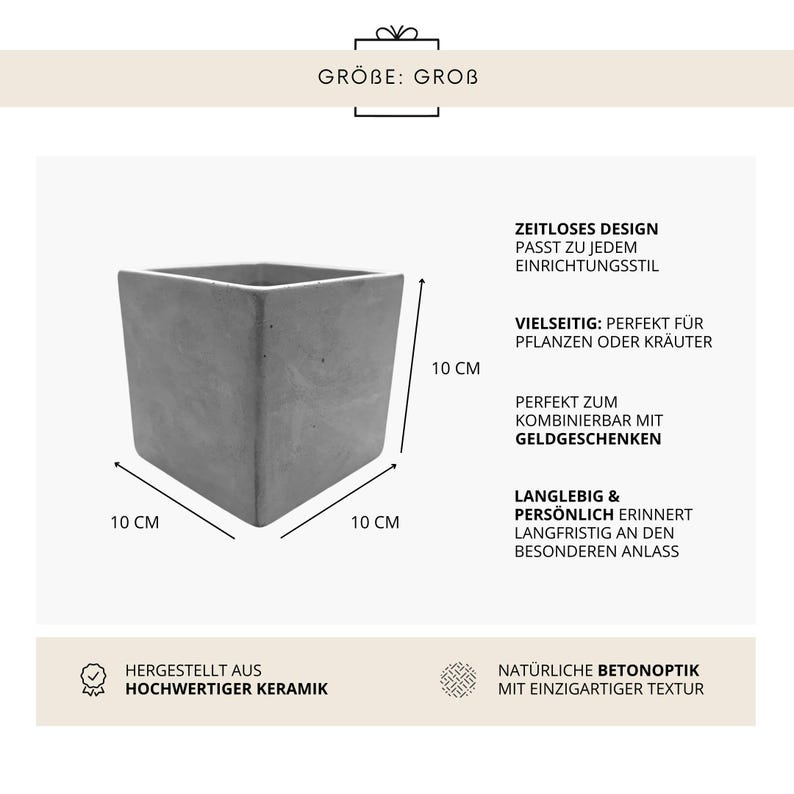 K&ouml;nnte beinhalten: Ein grauer quadratischer Keramik-Pflanztopf, 10 cm x 10 cm x 10 cm, mit nat&uuml;rlicher Betonoptik. Der Text auf dem Bild lautet "Gr&ouml;&szlig;e: Gro&szlig;". Der Pflanztopf eignet sich f&uuml;r Pflanzen oder Kr&auml;uter.