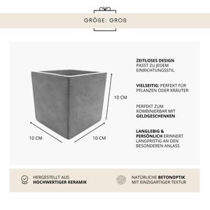 May include: A gray square ceramic planter, 10 cm on each side, with a natural concrete look. The planter is suitable for plants or herbs. Text on the image says "Made from high-quality ceramic."