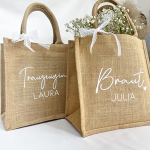 JGA Jute Tasche personalisiert Braut Trauzeugin Brautjungfer Geschenktasche Hochzeit Verlobung Beutel Party Kollegin Feier Bild 2