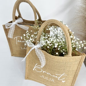 JGA Jute Tasche personalisiert Braut Trauzeugin Brautjungfer Geschenktasche Hochzeit Verlobung Beutel Party Kollegin Feier Bild 3