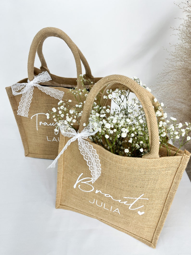 JGA Jute Tasche personalisiert Braut Trauzeugin Brautjungfer Geschenktasche Hochzeit Verlobung Beutel Party Kollegin Feier Bild 3