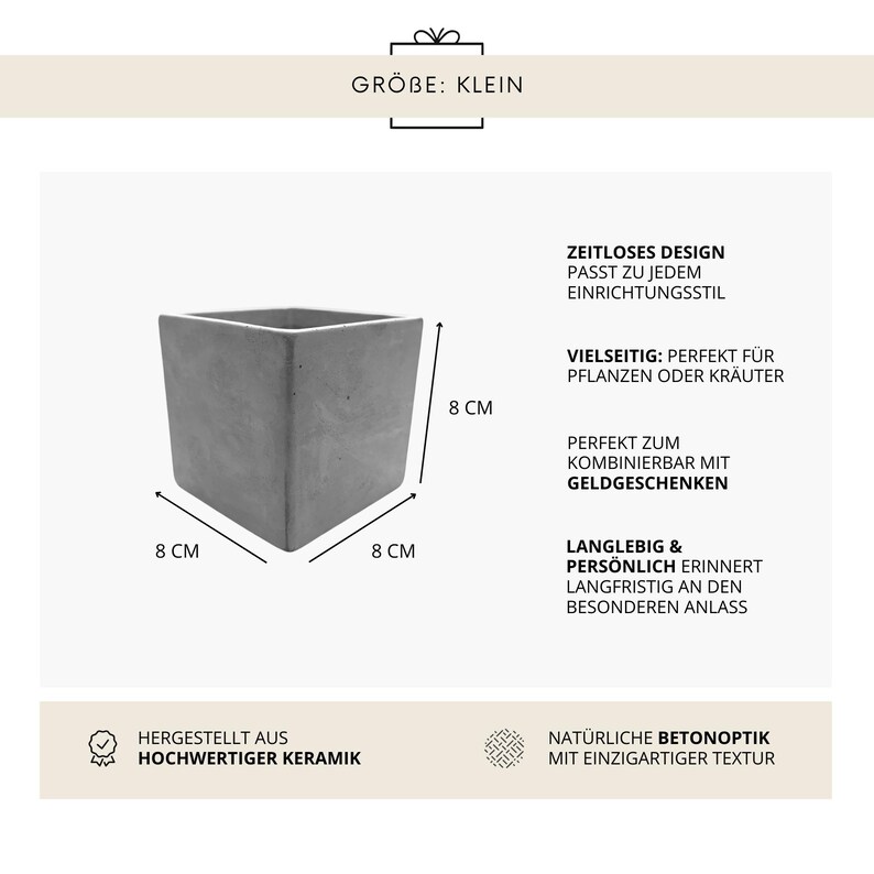 K&ouml;nnte beinhalten: Ein kleiner, quadratischer, grauer Keramik-Pflanztopf, 8 cm pro Seite. Der Pflanztopf hat ein minimalistisches Design und eignet sich f&uuml;r Pflanzen oder Kr&auml;uter. Der Text auf dem Bild lautet "Gr&ouml;&szlig;e: Klein".