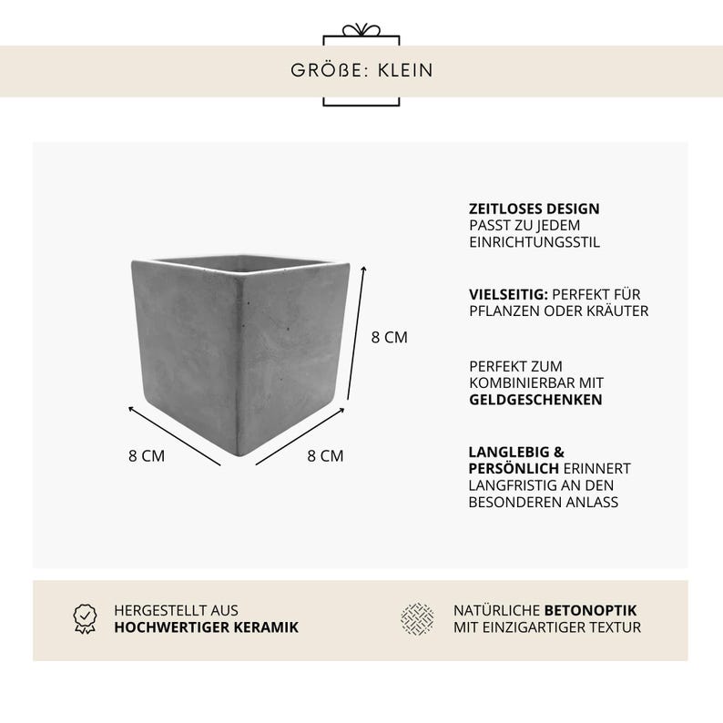 May include: A small, square, gray ceramic planter, 8 cm on each side. The image includes text in German, including "GR&Ouml;BE: KLEIN" and descriptions of the planter's features, such as its versatility for plants and herbs.