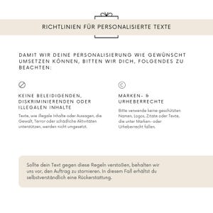 May include: A cream-colored document with German text, including the title "RICHTLINIEN F&Uuml;R PERSONALISIERTE TEXTE." The document outlines guidelines for personalized text, with sections on prohibited content and copyright.