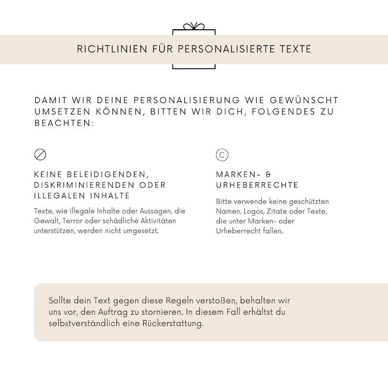May include: A cream-colored document with German text, including the title "RICHTLINIEN F&Uuml;R PERSONALISIERTE TEXTE." The document outlines guidelines for personalized text, with sections on prohibited content and copyright.
