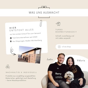 May include: An image with text that reads "WAS UNS AUSMACHT". It includes information about the company, such as "Family business since 2020" and "Made in G&ouml;ppingen, Baden-W&uuml;rttemberg". There are also photos of the founders and a dog.
