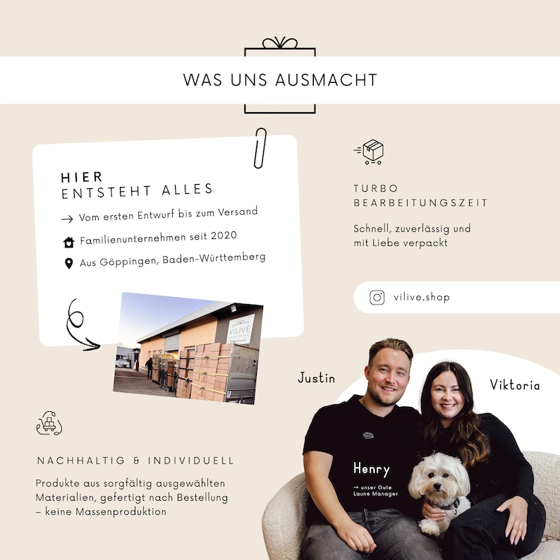 May include: An image with text that reads "WAS UNS AUSMACHT". It includes information about the company, such as "Family business since 2020" and "Made in G&ouml;ppingen, Baden-W&uuml;rttemberg". There are also photos of the founders and a dog.