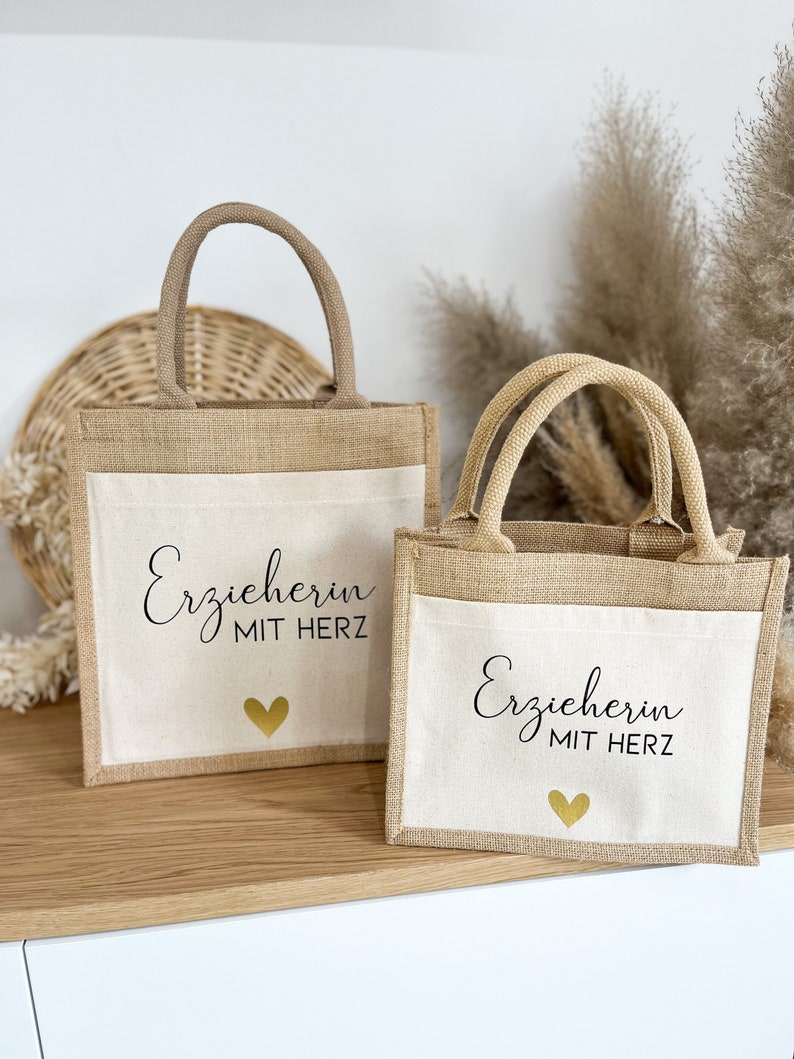 Personalisiertes Geschenk Erzieherin mit Herz Jute Tasche Geschenktasche Dankeschön Geschenkidee Kindergarten Abschied Danke Bild 2