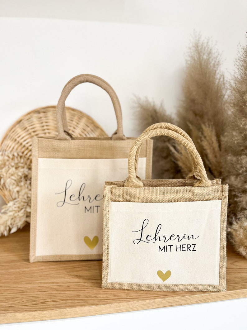 Gift teacher with heart Personalized with name Jute bag Gift bag Thank you Gift idea primary school Farewell image 1