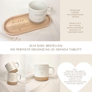 May include: Two white ceramic mugs with brown bottoms. The mugs have the names "Johanna" and "Julia" written on them. The mugs are on wooden trays with the text "Freundschaft ist ein Zauber der schwere Zeiten leichter und gute Zeiten noch sch&ouml;ner macht" and "Zum dazu bestellen: Die perfekte Erg&auml;nzung zu deinem Tablett" engraved on them.
