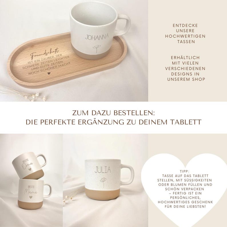 May include: Two white ceramic mugs with brown bottoms. The mugs have the names "Johanna" and "Julia" written on them. The mugs are on wooden trays with the text "Freundschaft ist ein Zauber der schwere Zeiten leichter und gute Zeiten noch sch&ouml;ner macht" and "Zum dazu bestellen: Die perfekte Erg&auml;nzung zu deinem Tablett" engraved on them.