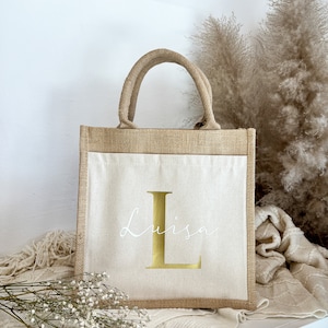 Sac de jute personnalisé avec initiale et nom Sac de plage Sac à provisions Cadeau Maman petite amie Grand-mère femme Sac de marché image 2