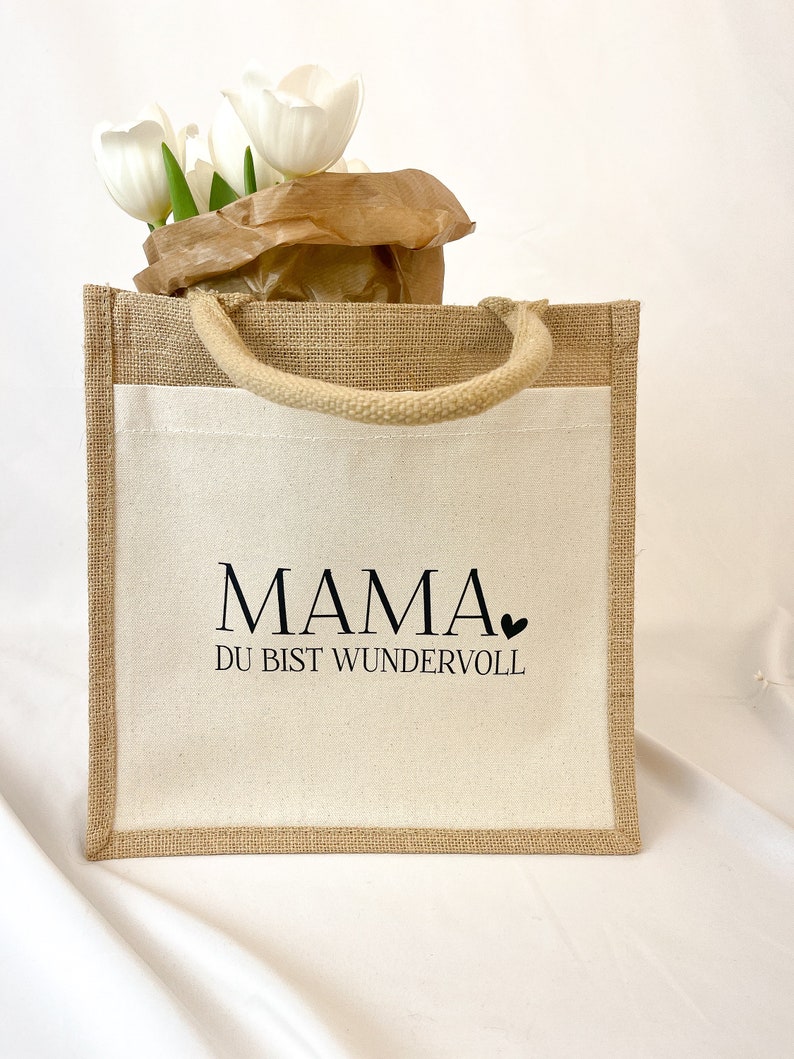 Muttertag Geschenkidee Jute Tasche Mama wundervoll Geschenkverpackung Shopper Beste Mama Oma individuelles Geschenk Geburtstag Idee Bild 3