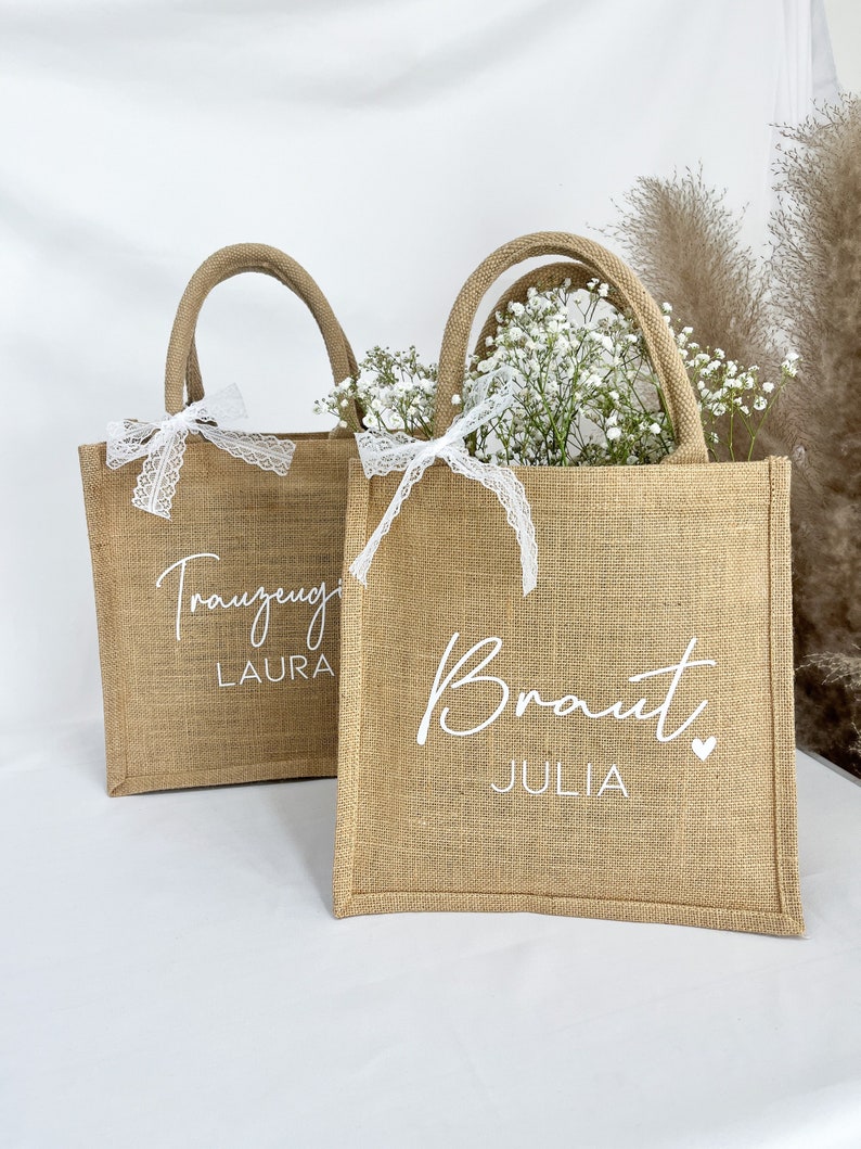 JGA Jute Tasche personalisiert Braut Trauzeugin Brautjungfer Geschenktasche Hochzeit Verlobung Beutel Party Kollegin Feier Bild 1