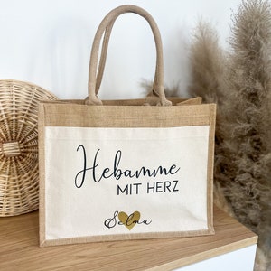 Geschenk Hebamme mit Herz Personalisiert mit Namen Jute Tasche Geschenktasche Dankeschön Geschenkidee Schwangerschaft Geburt Bild 4