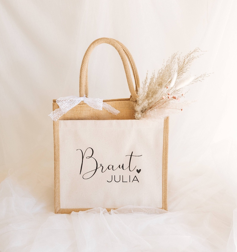 Personalisierte Jute Tasche Braut JGA Hochzeit Bild 1