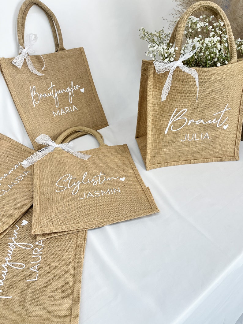 JGA Jute Tasche personalisiert Braut Trauzeugin Brautjungfer Geschenktasche Hochzeit Verlobung Beutel Party Kollegin Feier Bild 6