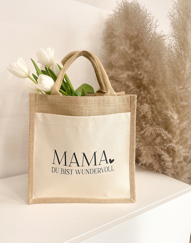 Muttertag Geschenkidee Jute Tasche Mama wundervoll Geschenkverpackung Shopper Beste Mama Oma individuelles Geschenk Geburtstag Idee Bild 2