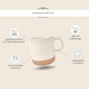May include: A white ceramic mug with a speckled design and a tan base. The mug has a capacity of 360 ml and is dishwasher and microwave safe. The text "Eigenschaften" is at the top of the image.