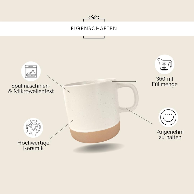 May include: A white ceramic mug with a speckled design and a tan base. The mug has a capacity of 360 ml and is dishwasher and microwave safe. The text "Eigenschaften" is at the top of the image.
