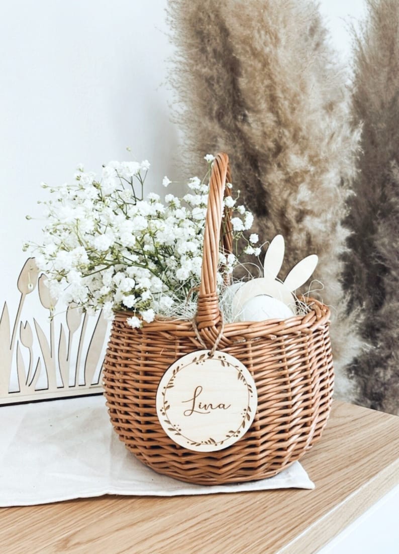 Gift basket Easter basket with personalized name tag Flower girl Flower basket Easter gift idea Tag with name Wood image 1