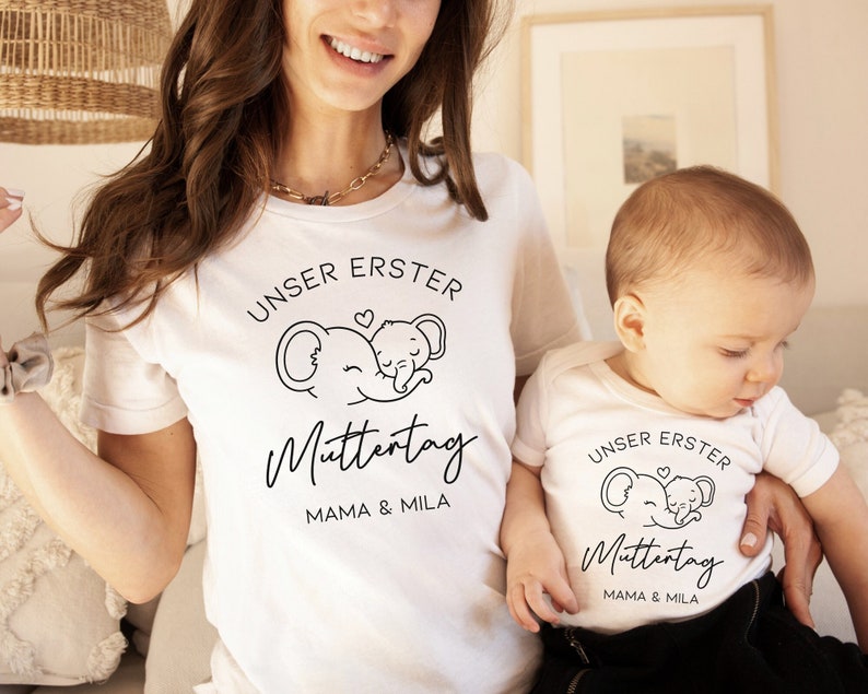 Erster Muttertag Elefant Baby Body und T-shirt Set Personalisiertes Geschenk Mama Mutter Tochter Sohn Muttertagsgeschenk Baby Outfit Bild 1