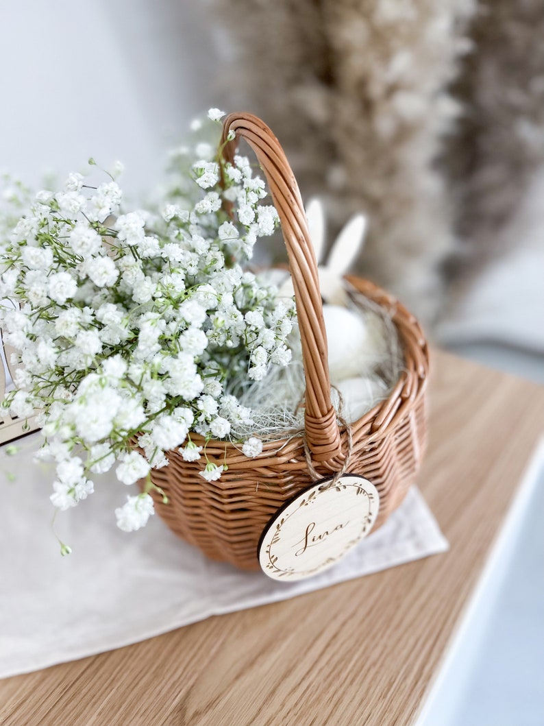 Gift basket Easter basket with personalized name tag Flower girl Flower basket Easter gift idea Tag with name Wood image 3