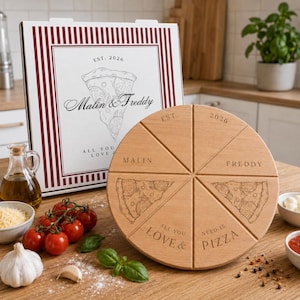 Personalisiertes Pizzabrett + Karton Hochzeit Geschenkset | Brautpaar Valentinstags Jahrestag Standesamt Holz | All you need is LOVE & PIZZA
