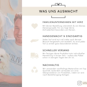 May include: A graphic with the text "What makes us special" in German. The graphic highlights four key aspects of the business: family-owned, handmade, fast shipping, and sustainable. The graphic features a heart, a hand, a delivery truck, and a recycling symbol.