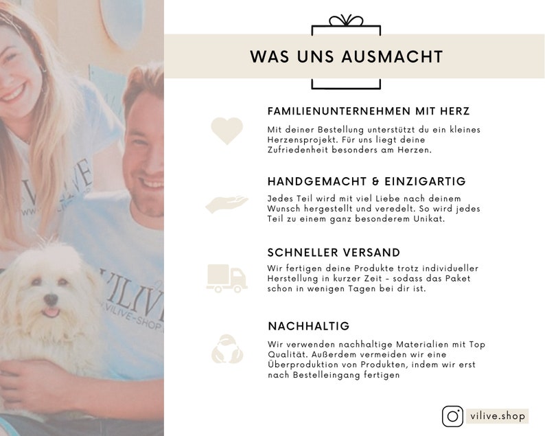 May include: A graphic with the text "What makes us special" in German. The graphic highlights four key aspects of the business: family-owned, handmade, fast shipping, and sustainable. The graphic features a heart, a hand, a delivery truck, and a recycling symbol.