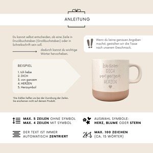 May include: A white ceramic mug with a speckled finish and a light brown base. The mug has a curved handle and features the German text "Ich liebe DICH von ganzem HERZEN" with a heart symbol. Instructions and examples are also shown.