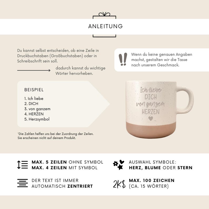 May include: A white ceramic mug with a speckled finish and a light brown base. The mug has a curved handle and features the German text "Ich liebe DICH von ganzem HERZEN" with a heart symbol. Instructions and examples are also shown.