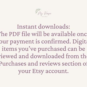 May include: Cream-colored background with text about instant downloads from Etsy. The text explains that PDF files are available after payment confirmation and can be downloaded from the Purchases and Reviews section of the Etsy account.
