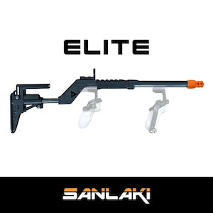 May include: A black plastic gun-shaped controller attachment for video games. The attachment has a scope, a stock, and a barrel. The text "ELITE" is printed in black on a white background above the controller. The text "SANLAKI" is printed in orange on a black background below the controller.