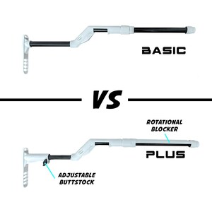 May include: A side-by-side comparison of two metal detectors. The top detector is labelled "BASIC" and the bottom detector is labelled "PLUS". The "PLUS" detector has an adjustable buttstock and a rotational blocker.