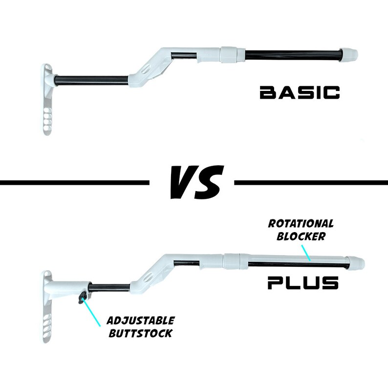 May include: A side-by-side comparison of two metal detectors. The top detector is labelled "BASIC" and the bottom detector is labelled "PLUS". The "PLUS" detector has an adjustable buttstock and a rotational blocker.