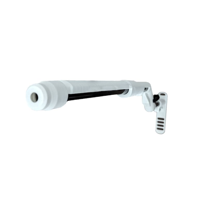 May include: A white and black UV light wand with a black handle and a white, rounded tip. The wand is attached to a white wall mount with a black knob.