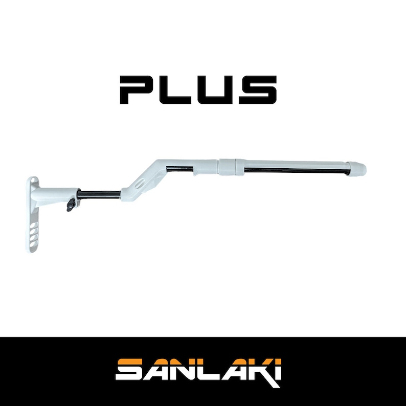 May include: White and black metal extension pole with a white handle and a black metal shaft. The pole is labelled "PLUS" in black text.