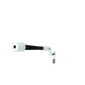 May include: A white and black futuristic-looking gun with a long barrel and a white handle. The gun has a series of small white and brown details.
