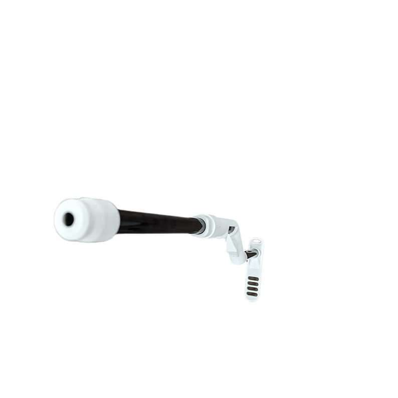 May include: A white and black futuristic-looking gun with a long barrel and a white handle. The gun has a series of small white and brown details.