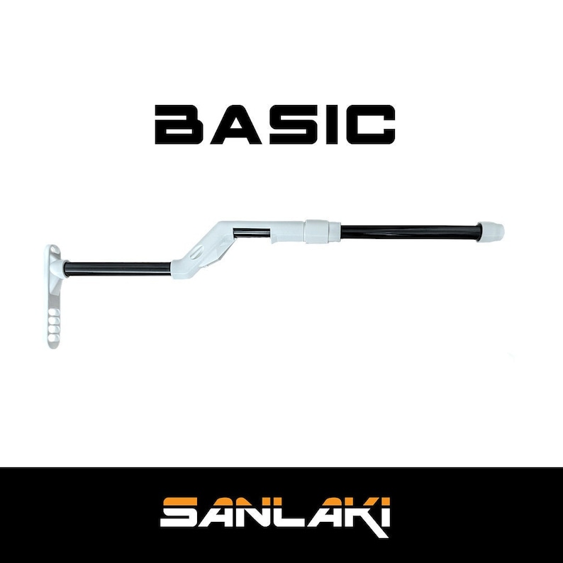 May include: A white and black telescopic pole with a white handle and the word "BASIC" in black text.