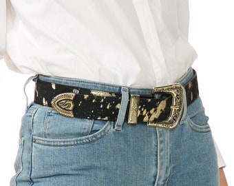 Black hair on hide gold splash, Western style belt, Decorative belt buckle and tip, Metallic leather cowgirl fashion, Boho rodeo accessory