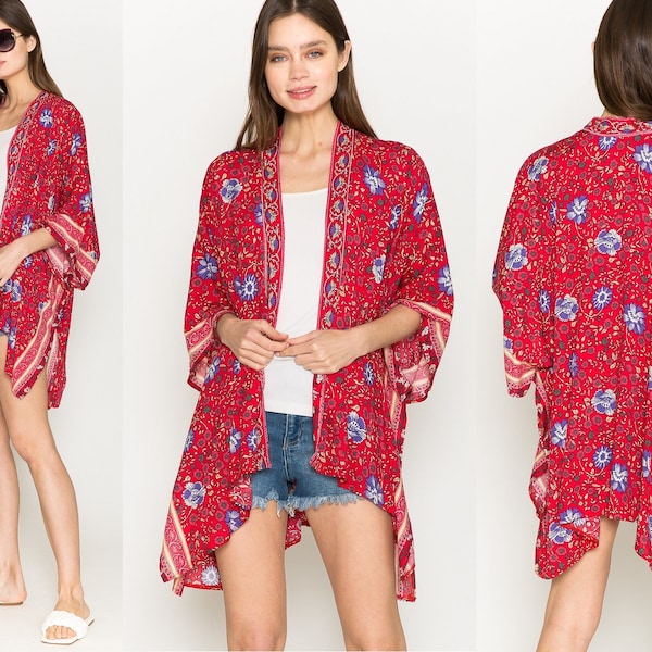 Red retro floral cover-up, Colorful kimono cardigan for Summer, Boho bathing suit cover up, Bright open front top