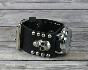 Skull stud leather watch band, Leather wrist cuff, Skeleton and stud detail, Gothic leather skull cuff, Classic biker accessory, USA made