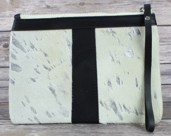 White and silver metallic makeup bag, Hair on hide clutch, Metallic travel bag, Small leather gift, RFID protection