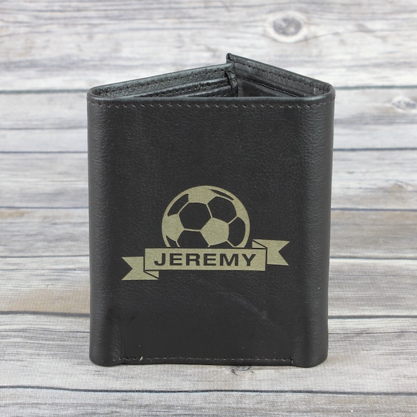 Soccer ball leather tri fold wallet, Laser engraved leather, Gift for soccer player, Soccer fan wallet