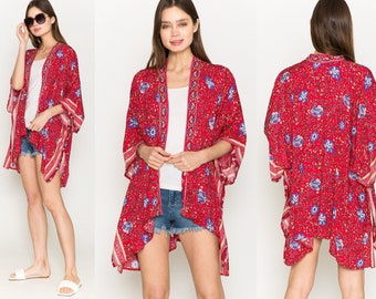 Red retro floral cover-up, Colorful kimono cardigan for Summer, Boho bathing suit cover up, Bright open front top