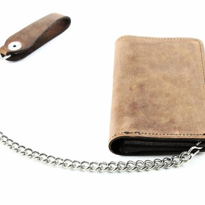 Brown leather chain wallet, Biker bi fold wallet with chain, Third Anniversary, Wallet with Safety Features, Rustic Leather Wallet image 5