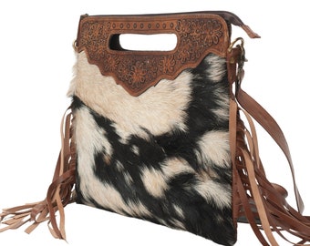 Western Style Fringe Hair on Hide Crossbody with Cut Out Handles